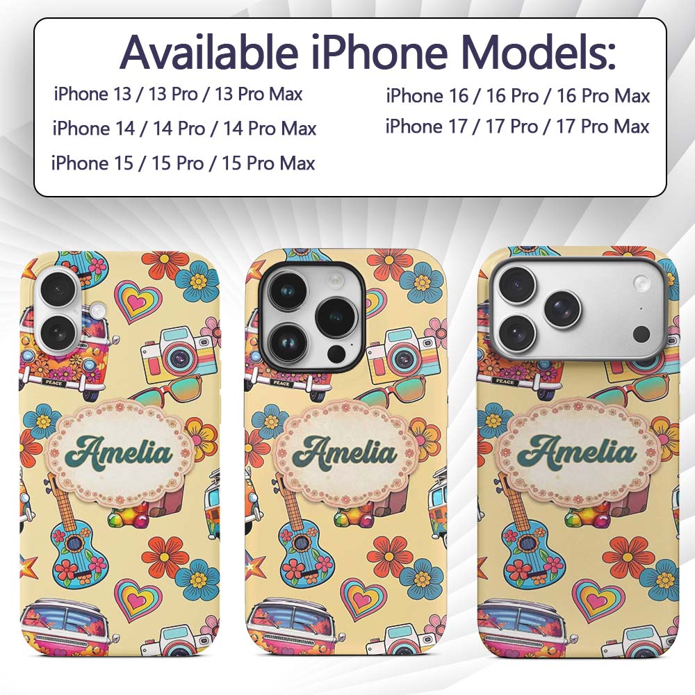 Hippie Camera Guitar Floral Travel Printed Design Custom Name Protective Phone Case Mobile Cover Durable Everyday Smartphone Shock Resistant