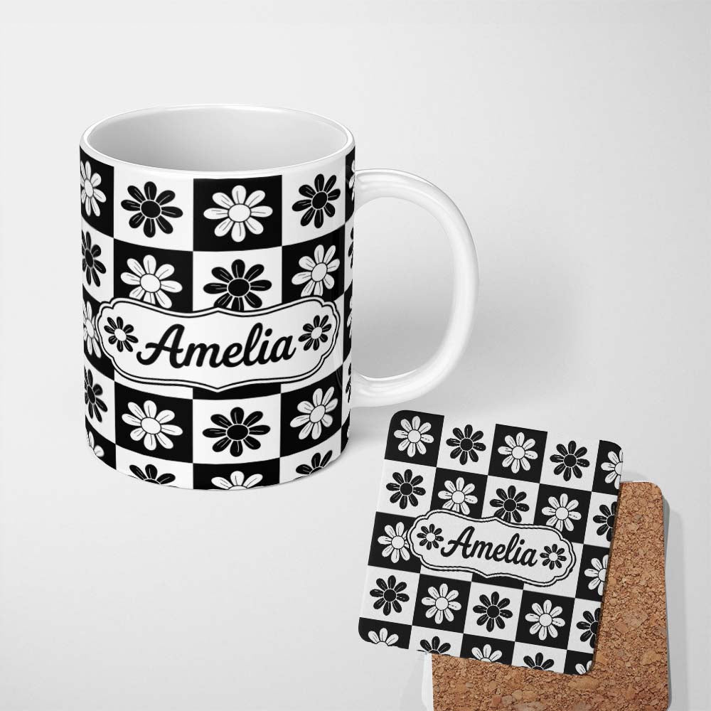 Personalized Custom Name Daisy Flower Checkerboard Black White Seamless Pattern Name Cute 11oz Ceramic Coffee Tea Mug White Large Handle
