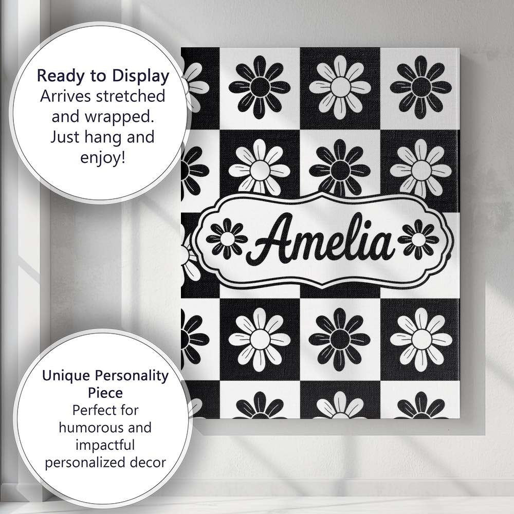 Personalised Name Daisy Flower Checkerboard Custom Bespoke Interior Contemporary Canvas Wall Art Print Decor Picture Ready to Hang