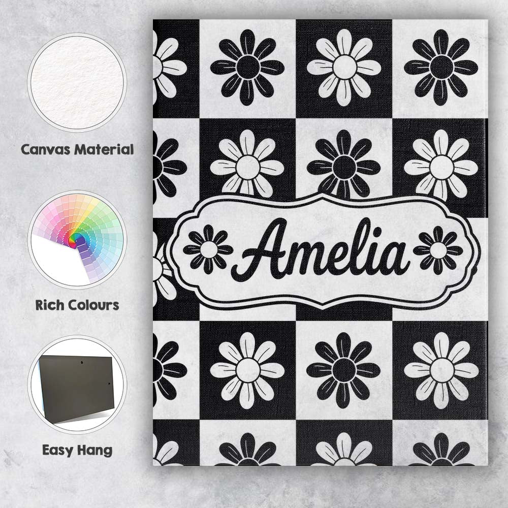 Personalised Name Daisy Flower Checkerboard Custom Bespoke Interior Contemporary Canvas Wall Art Print Decor Picture Ready to Hang