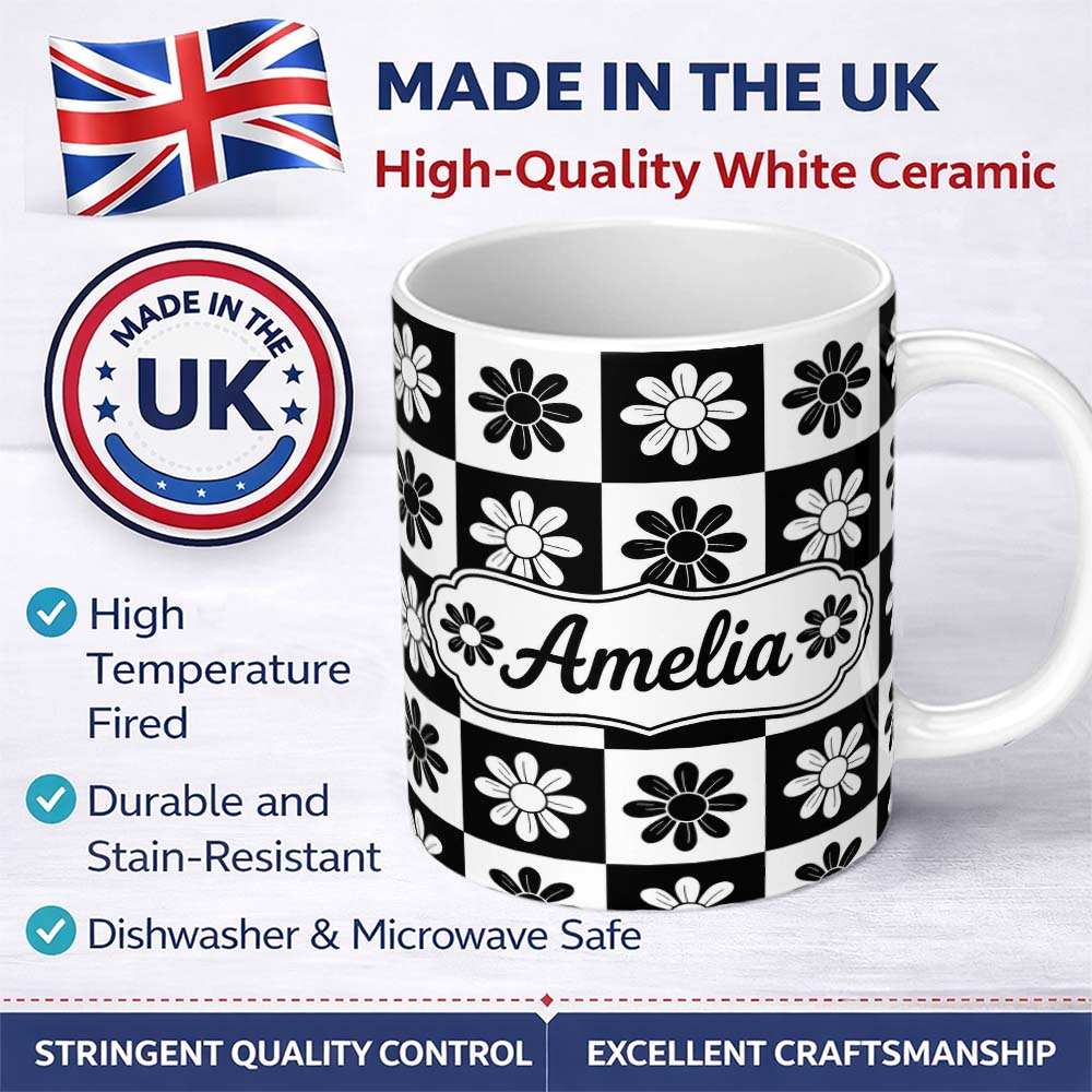 Personalized Custom Name Daisy Flower Checkerboard Black White Seamless Pattern Name Cute 11oz Ceramic Coffee Tea Mug White Large Handle