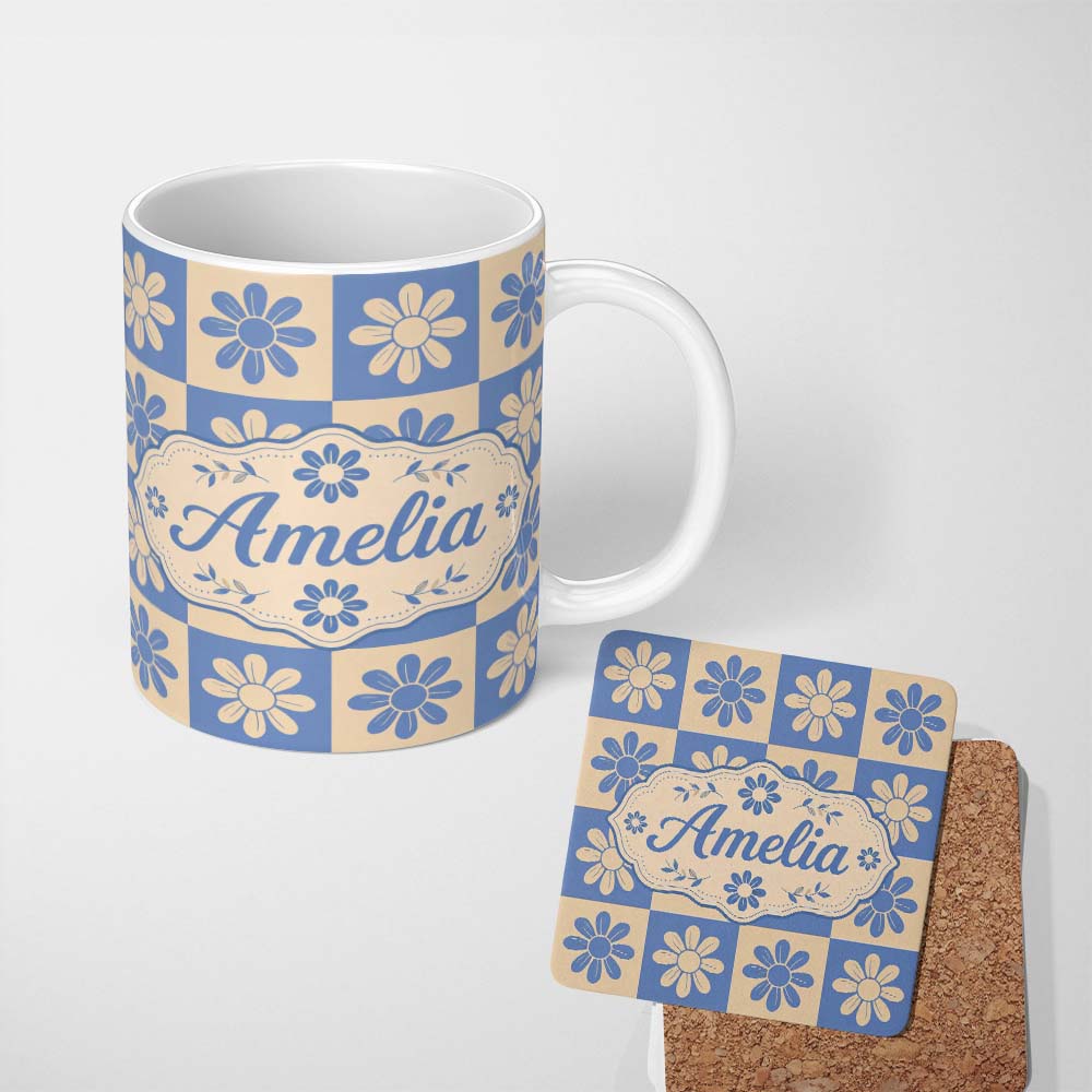 Personalized Custom Name Daisy Flower Checkerboard Blue Beige Seamless Pattern Name Cute 11oz Ceramic Coffee Tea Mug White Large Handle