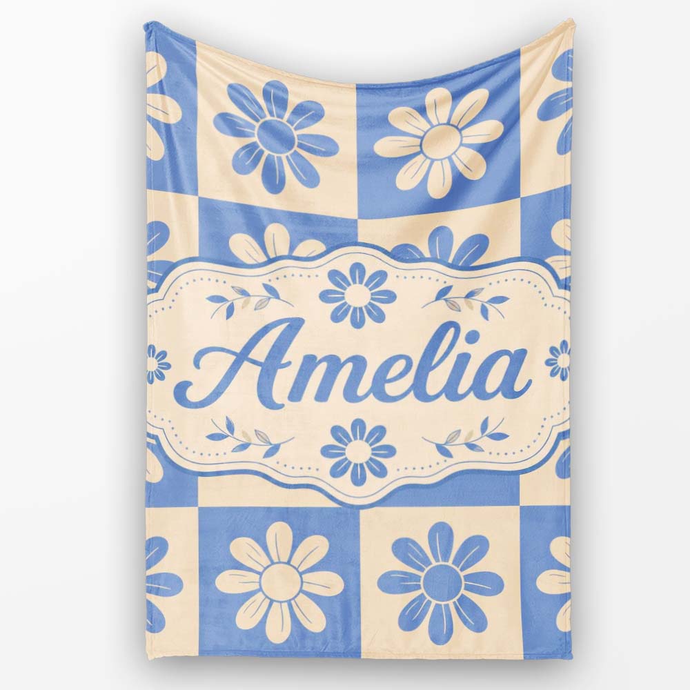 Daisy Flower Checkerboard Blue Beige Seamless Pattern Name Cute Personalised Custom Name Super Soft Fleece Blanket Bed Sofa Throw