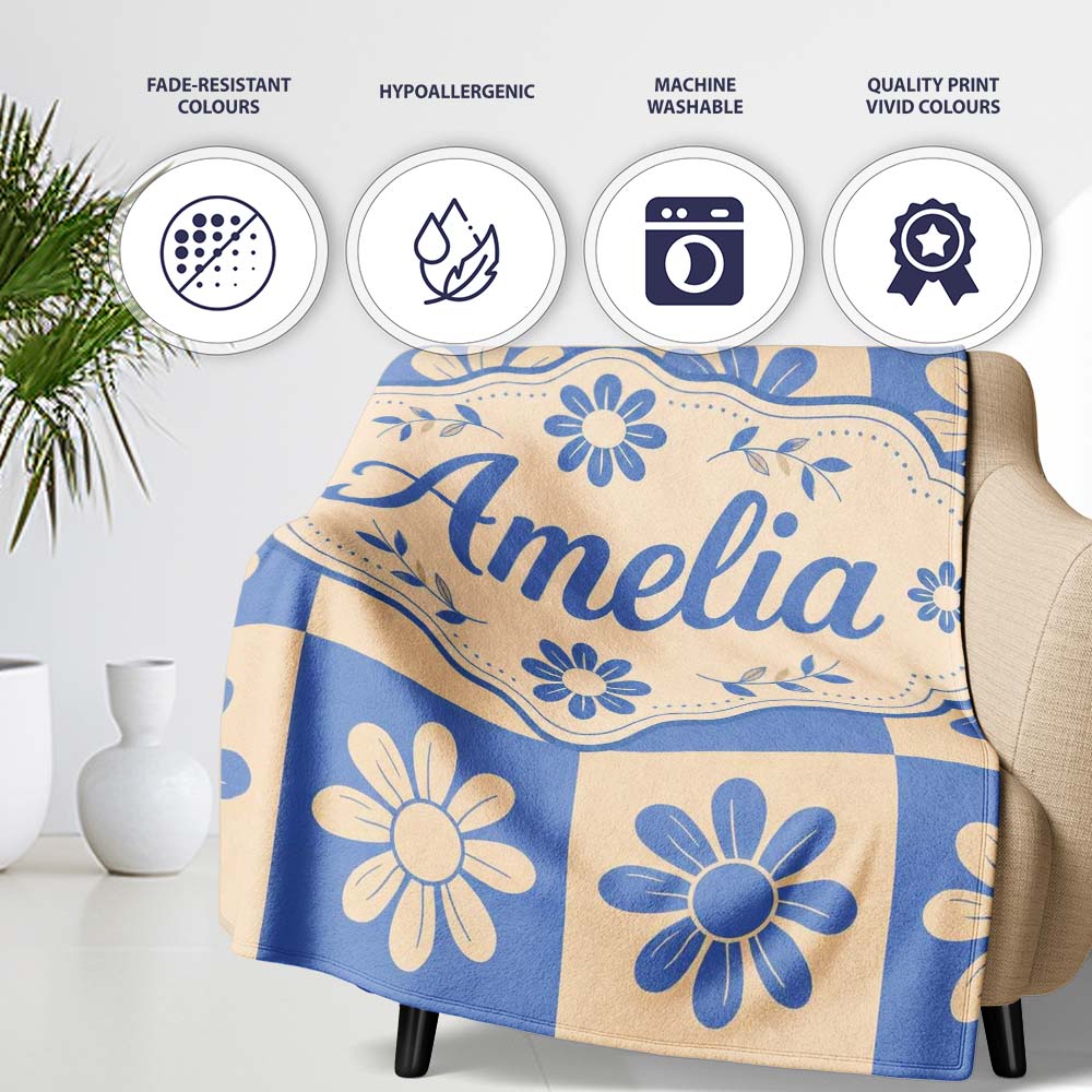Daisy Flower Checkerboard Blue Beige Seamless Pattern Name Cute Personalised Custom Name Super Soft Fleece Blanket Bed Sofa Throw