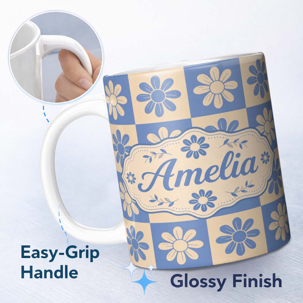 Personalized Custom Name Daisy Flower Checkerboard Blue Beige Seamless Pattern Name Cute 11oz Ceramic Coffee Tea Mug White Large Handle