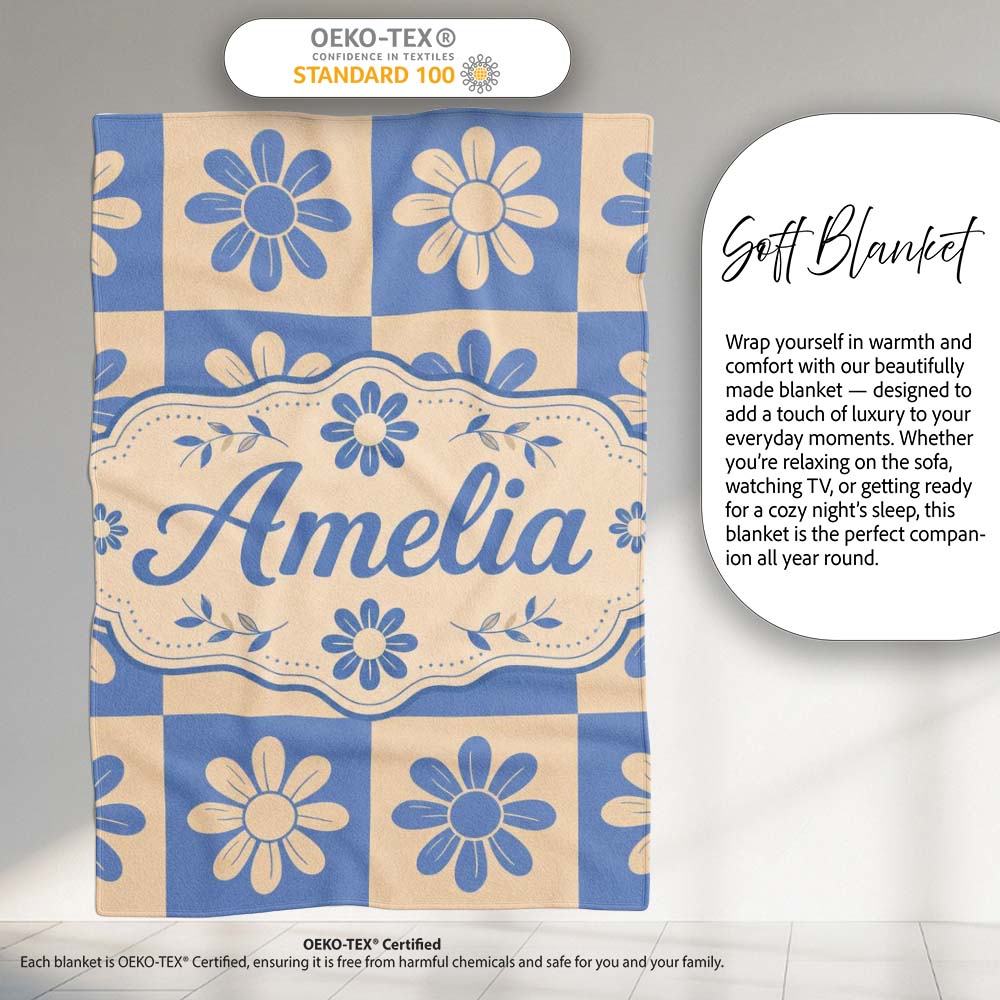 Daisy Flower Checkerboard Blue Beige Seamless Pattern Name Cute Personalised Custom Name Super Soft Fleece Blanket Bed Sofa Throw