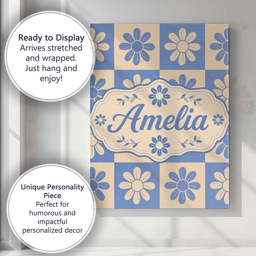 Personalised Name Daisy Flower Checkerboard Custom Bespoke Interior Contemporary Canvas Wall Art Print Decor Picture Ready to Hang