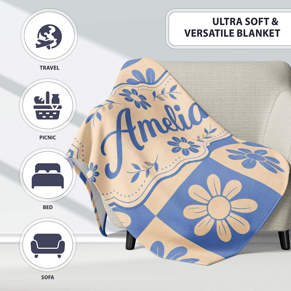 Daisy Flower Checkerboard Blue Beige Seamless Pattern Name Cute Personalised Custom Name Super Soft Fleece Blanket Bed Sofa Throw