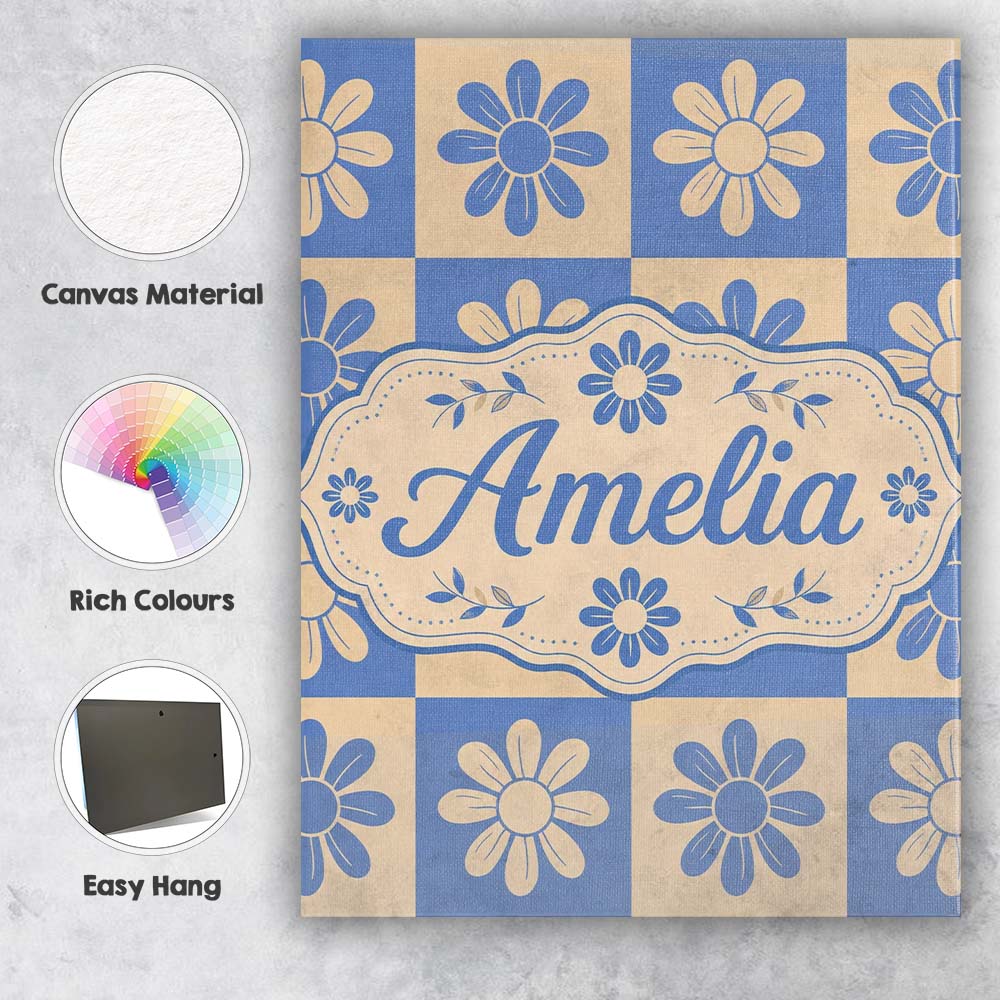 Personalised Name Daisy Flower Checkerboard Custom Bespoke Interior Contemporary Canvas Wall Art Print Decor Picture Ready to Hang