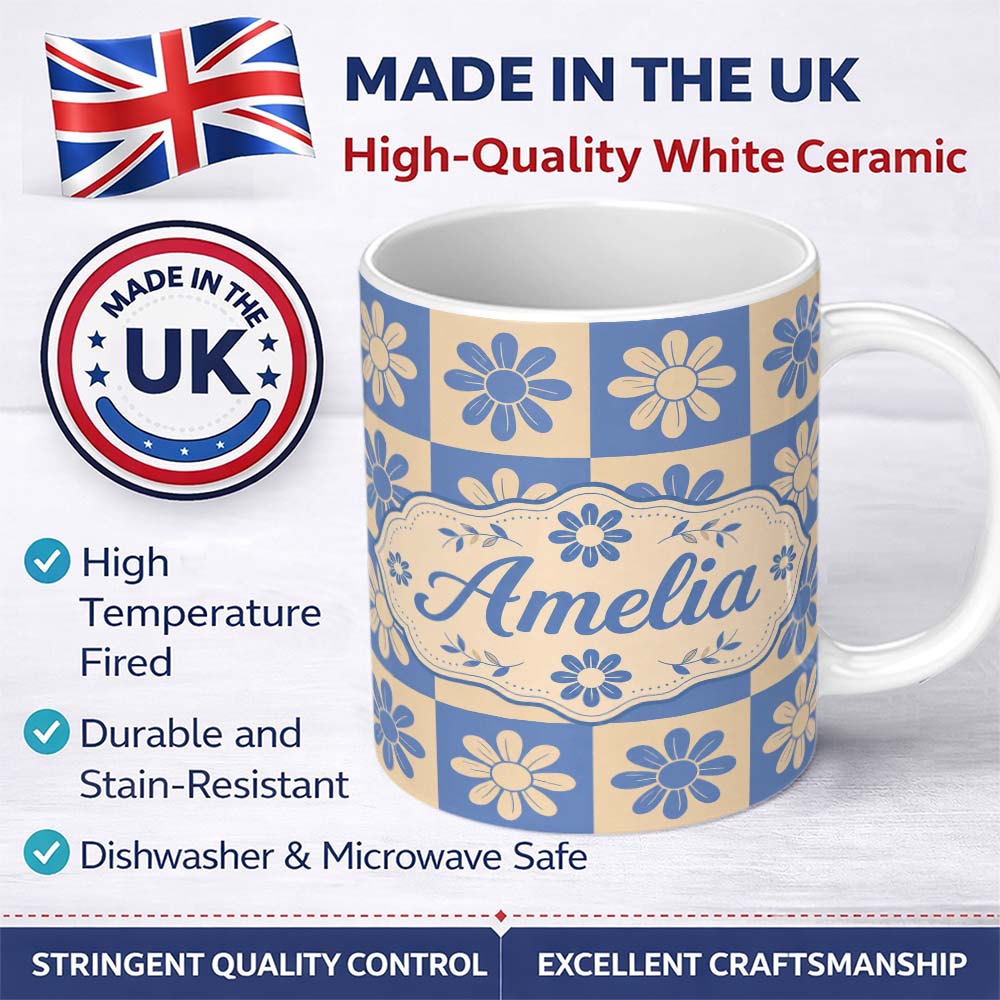 Personalized Custom Name Daisy Flower Checkerboard Blue Beige Seamless Pattern Name Cute 11oz Ceramic Coffee Tea Mug White Large Handle