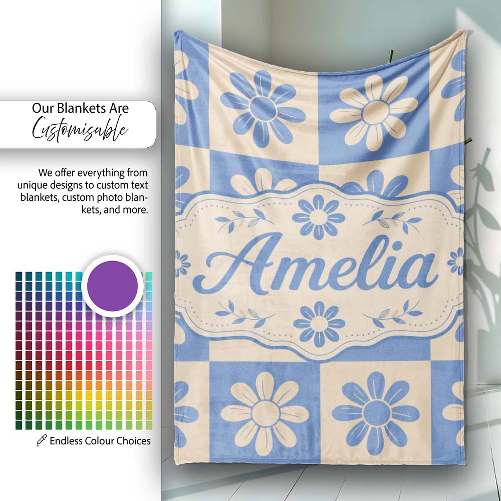Daisy Flower Checkerboard Blue Beige Seamless Pattern Name Cute Personalised Custom Name Super Soft Fleece Blanket Bed Sofa Throw