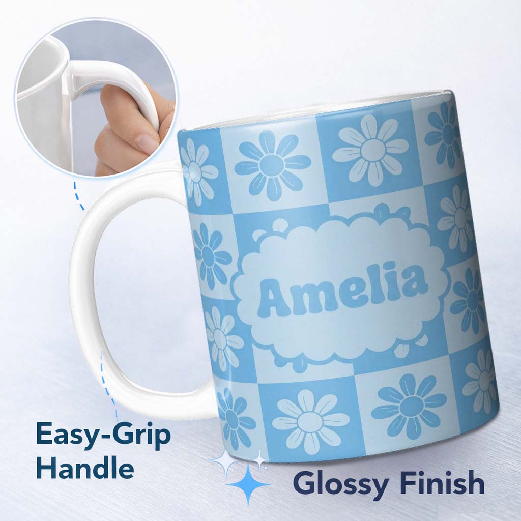 Personalized Custom Name Daisy Flower Checkerboard Soft Blue Seamless Pattern Name Cute 11oz Ceramic Coffee Tea Mug White Large Handle