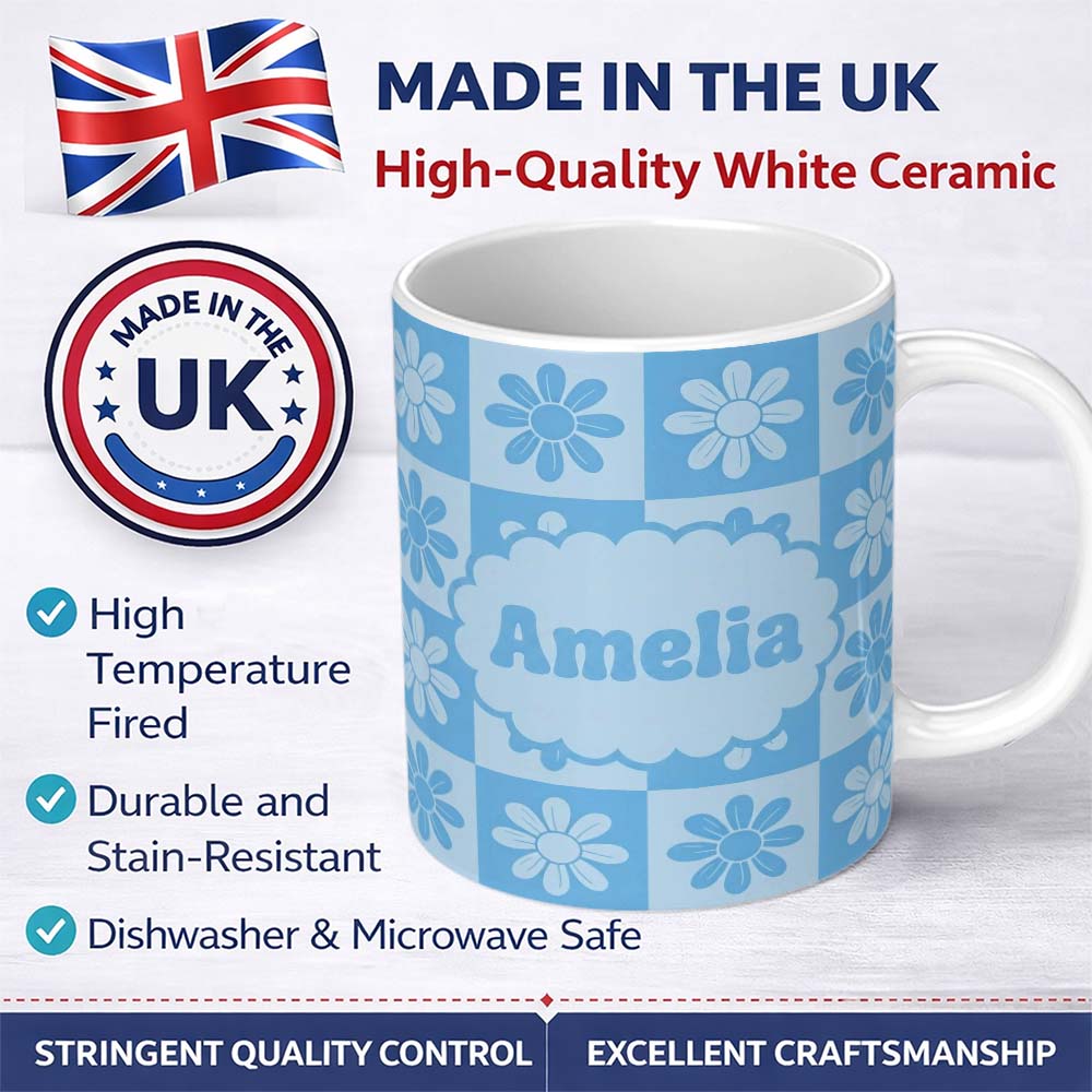 Personalized Custom Name Daisy Flower Checkerboard Soft Blue Seamless Pattern Name Cute 11oz Ceramic Coffee Tea Mug White Large Handle