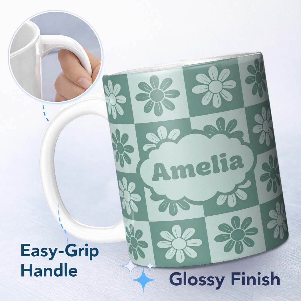 Personalized Custom Name Daisy Flower Checkerboard Sage Green Seamless Pattern Name Cute 11oz Ceramic Coffee Tea Mug White Large Handle