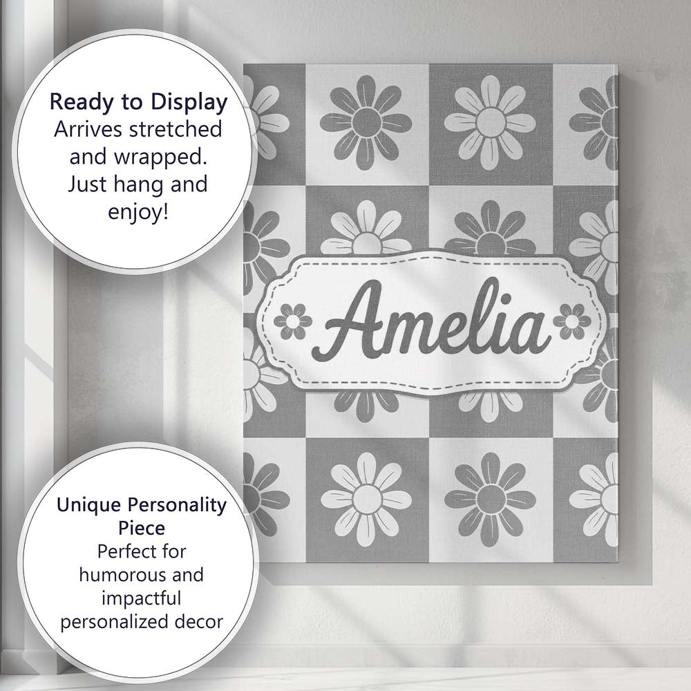 Personalised Name Daisy Flower Checkerboard Custom Bespoke Interior Contemporary Canvas Wall Art Print Decor Picture Ready to Hang