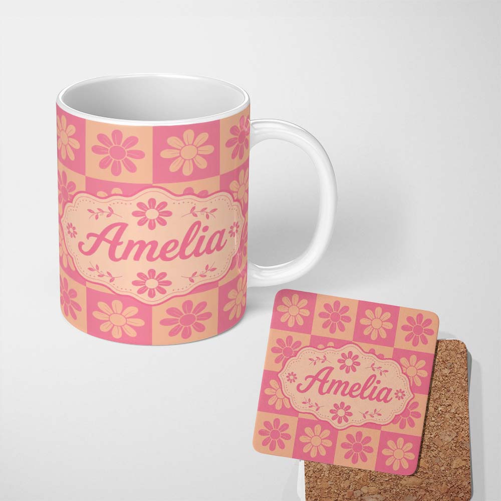Personalized Custom Name Daisy Flower Checkerboard Pink Peach Seamless Pattern Name Cute 11oz Ceramic Coffee Tea Mug White Large Handle