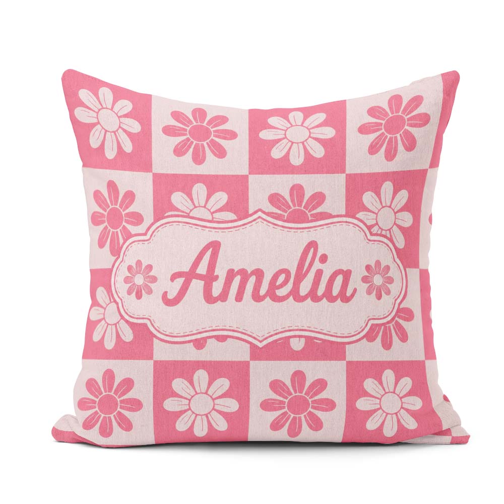 Custom Name Daisy Flower Pink White Seamless Pattern Name Cute Square Filled Cushion Throw Pillow Sofa Bed Home Decor Zip Washable UK Made