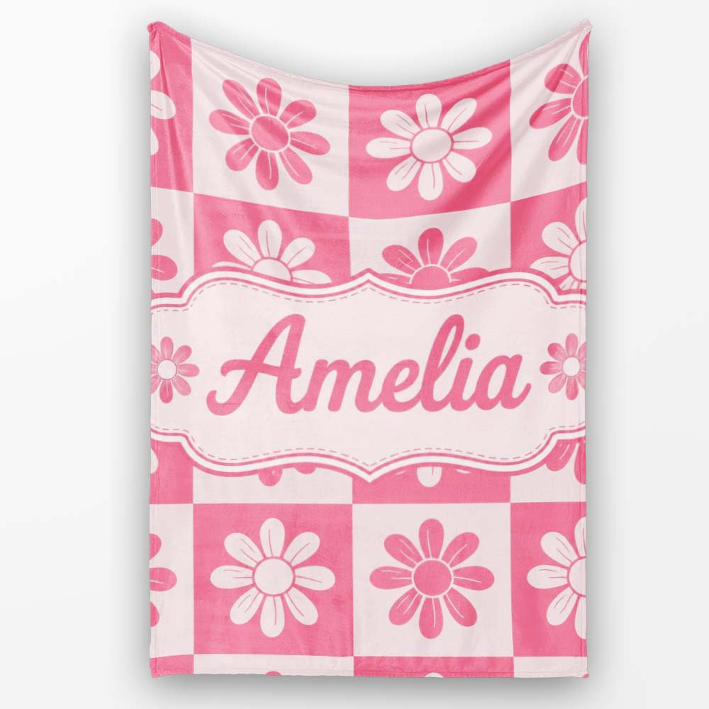Daisy Flower Checkerboard Pink White Seamless Pattern Name Cute Personalised Custom Name Super Soft Fleece Blanket Bed Sofa Throw