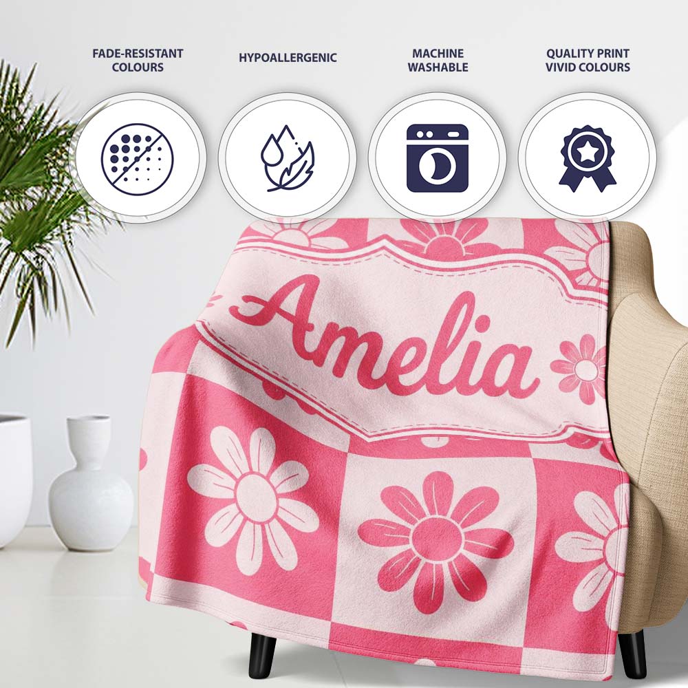 Daisy Flower Checkerboard Pink White Seamless Pattern Name Cute Personalised Custom Name Super Soft Fleece Blanket Bed Sofa Throw
