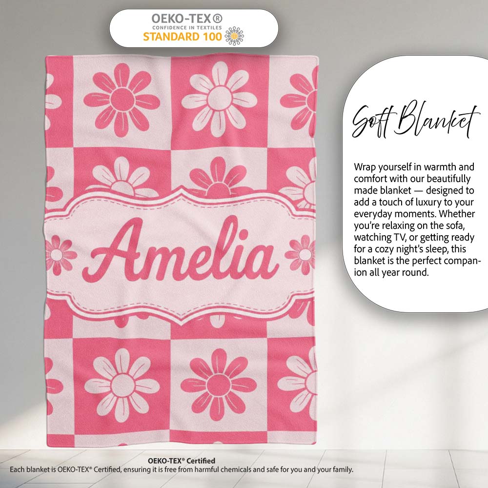 Daisy Flower Checkerboard Pink White Seamless Pattern Name Cute Personalised Custom Name Super Soft Fleece Blanket Bed Sofa Throw