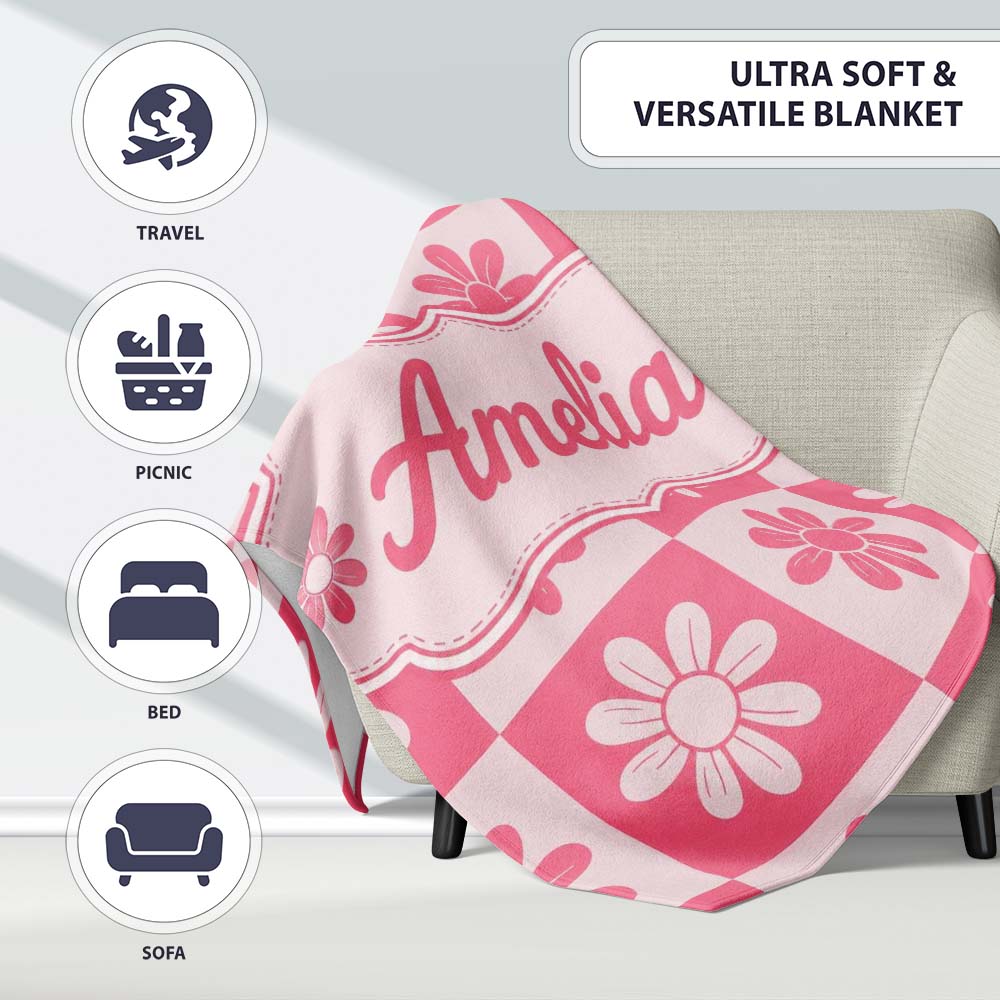 Daisy Flower Checkerboard Pink White Seamless Pattern Name Cute Personalised Custom Name Super Soft Fleece Blanket Bed Sofa Throw