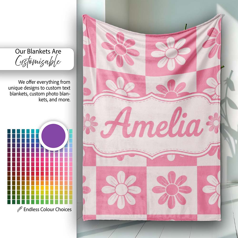 Daisy Flower Checkerboard Pink White Seamless Pattern Name Cute Personalised Custom Name Super Soft Fleece Blanket Bed Sofa Throw
