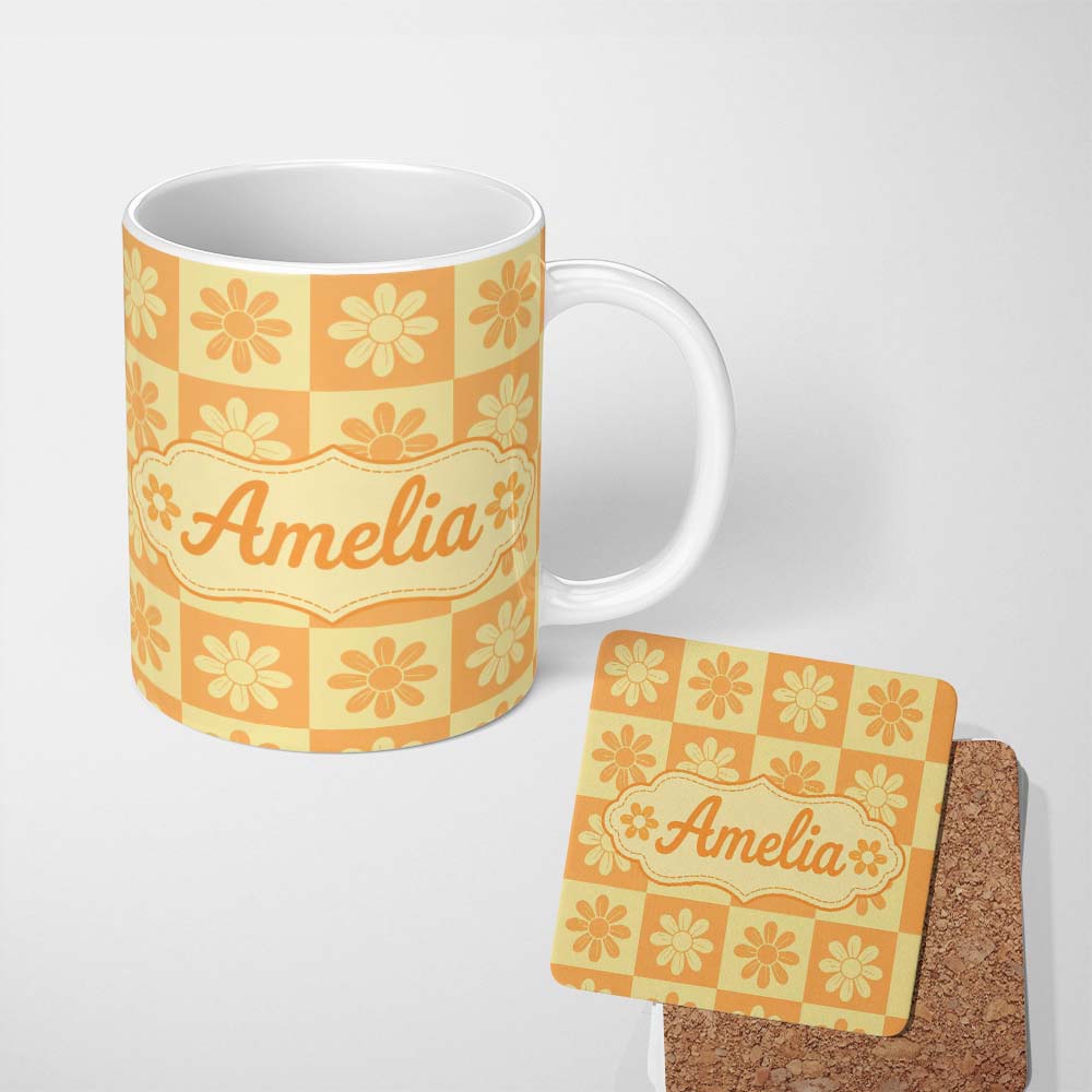 Personalized Custom Name Daisy Flower Checkerboard Orange Yellow Seamless Pattern Name Cute 11oz Ceramic Coffee Tea Mug White Large Handle