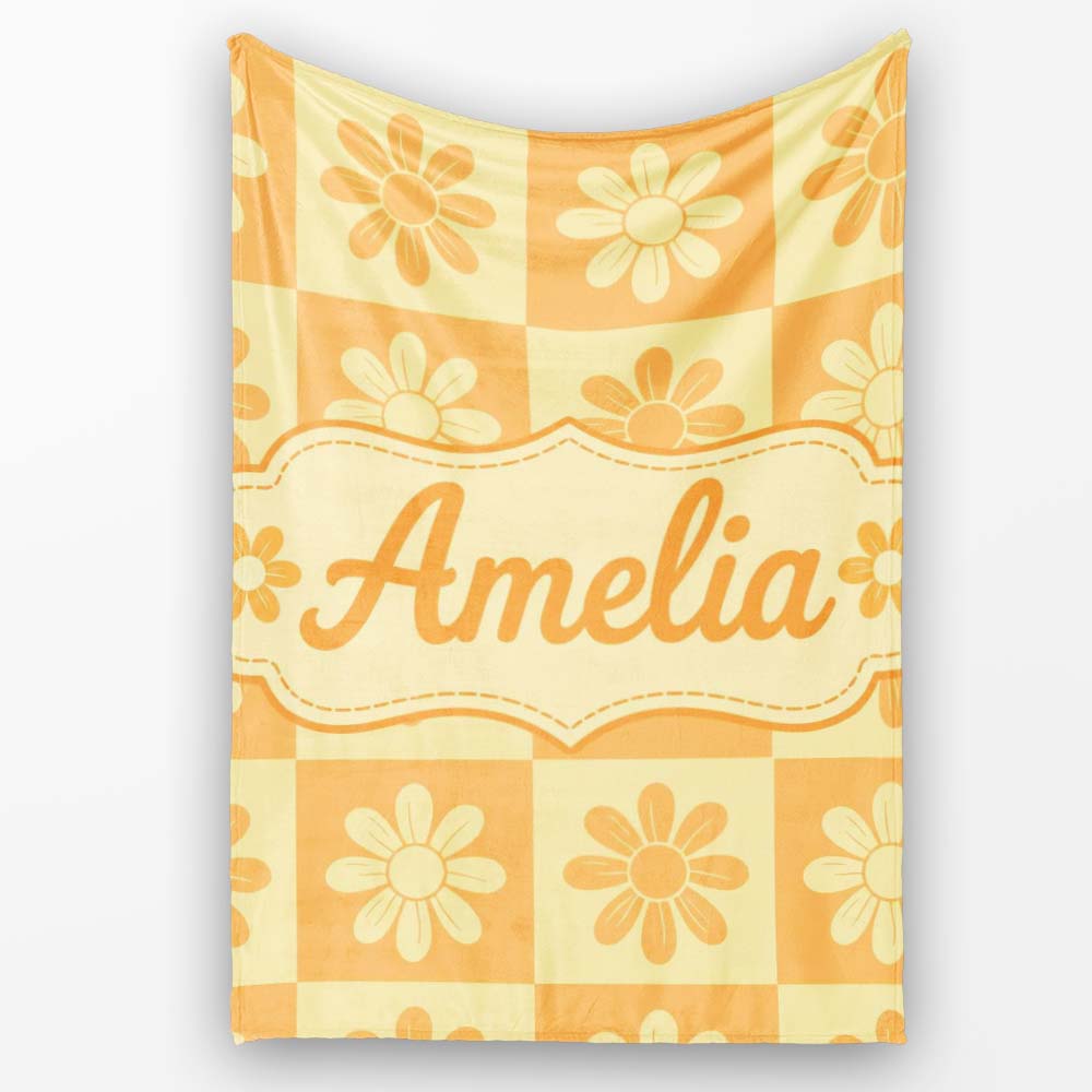 Daisy Flower Checkerboard Orange Yellow Seamless Pattern Name Cute Personalised Custom Name Super Soft Fleece Blanket Bed Sofa Throw