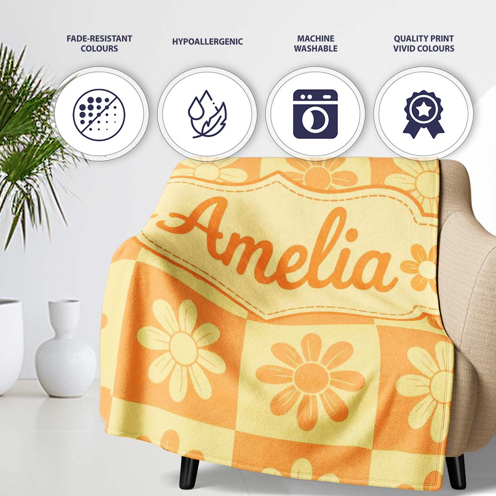 Daisy Flower Checkerboard Orange Yellow Seamless Pattern Name Cute Personalised Custom Name Super Soft Fleece Blanket Bed Sofa Throw