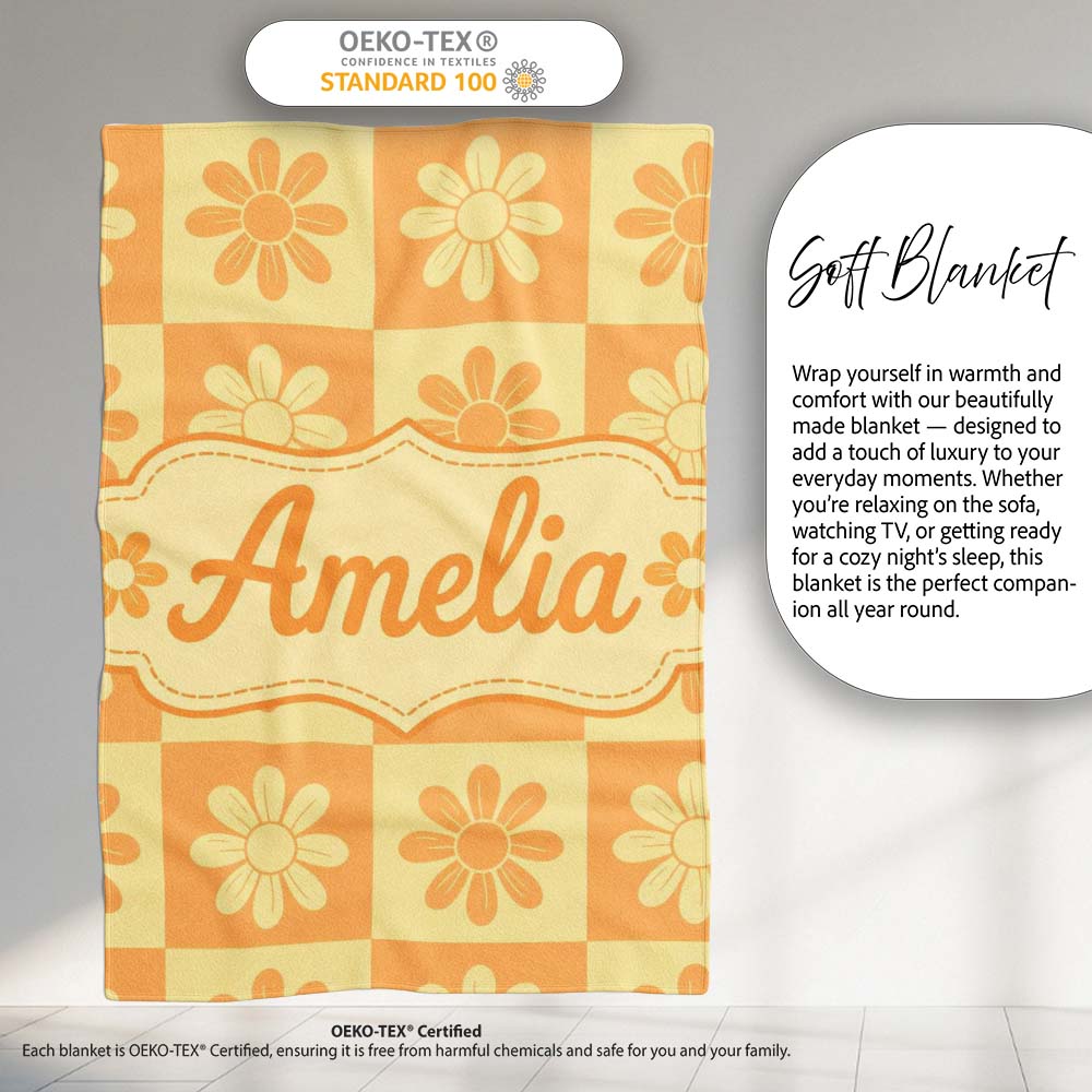 Daisy Flower Checkerboard Orange Yellow Seamless Pattern Name Cute Personalised Custom Name Super Soft Fleece Blanket Bed Sofa Throw