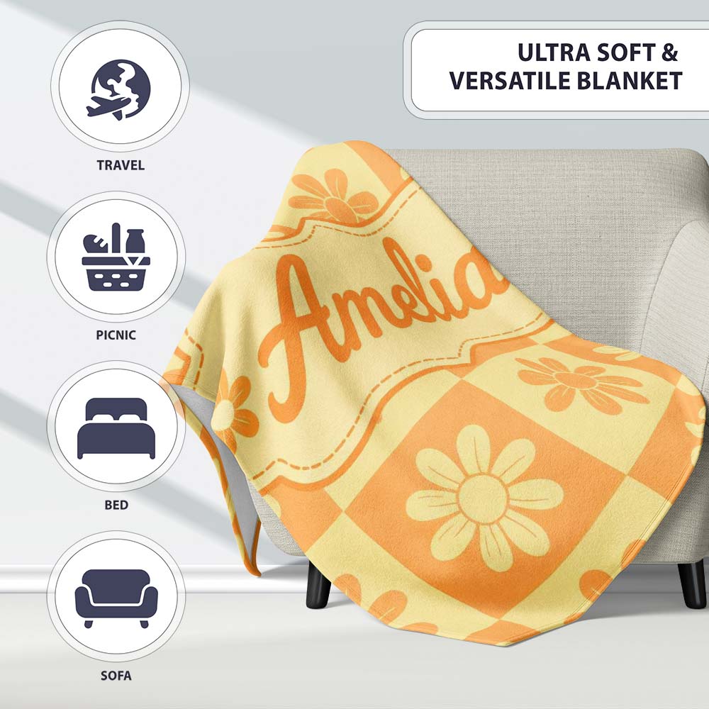 Daisy Flower Checkerboard Orange Yellow Seamless Pattern Name Cute Personalised Custom Name Super Soft Fleece Blanket Bed Sofa Throw