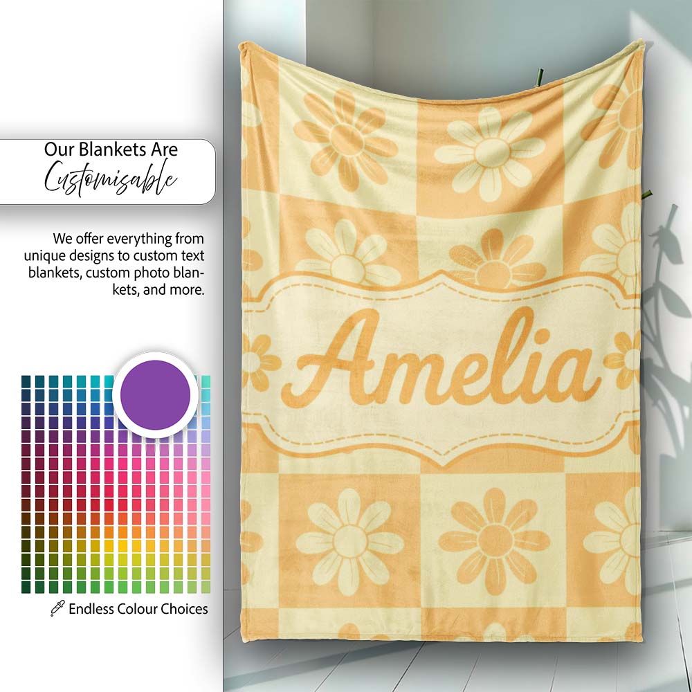 Daisy Flower Checkerboard Orange Yellow Seamless Pattern Name Cute Personalised Custom Name Super Soft Fleece Blanket Bed Sofa Throw