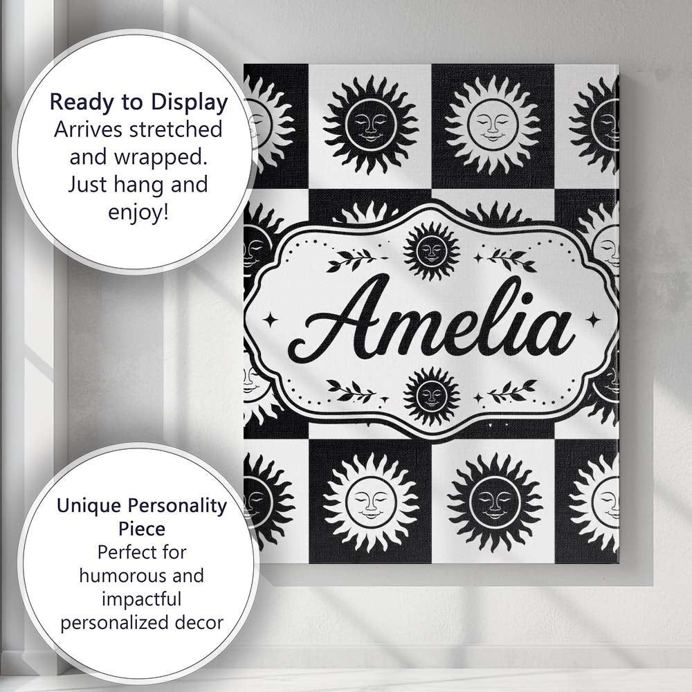 Personalised Name Sun Face Checkerboard Custom Modern Room Accent Elegant Feature Canvas Wall Art Print Decor Picture Ready to Hang