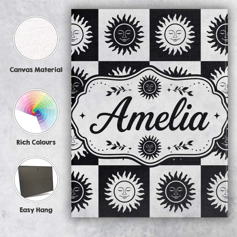 Personalised Name Sun Face Checkerboard Custom Modern Room Accent Elegant Feature Canvas Wall Art Print Decor Picture Ready to Hang