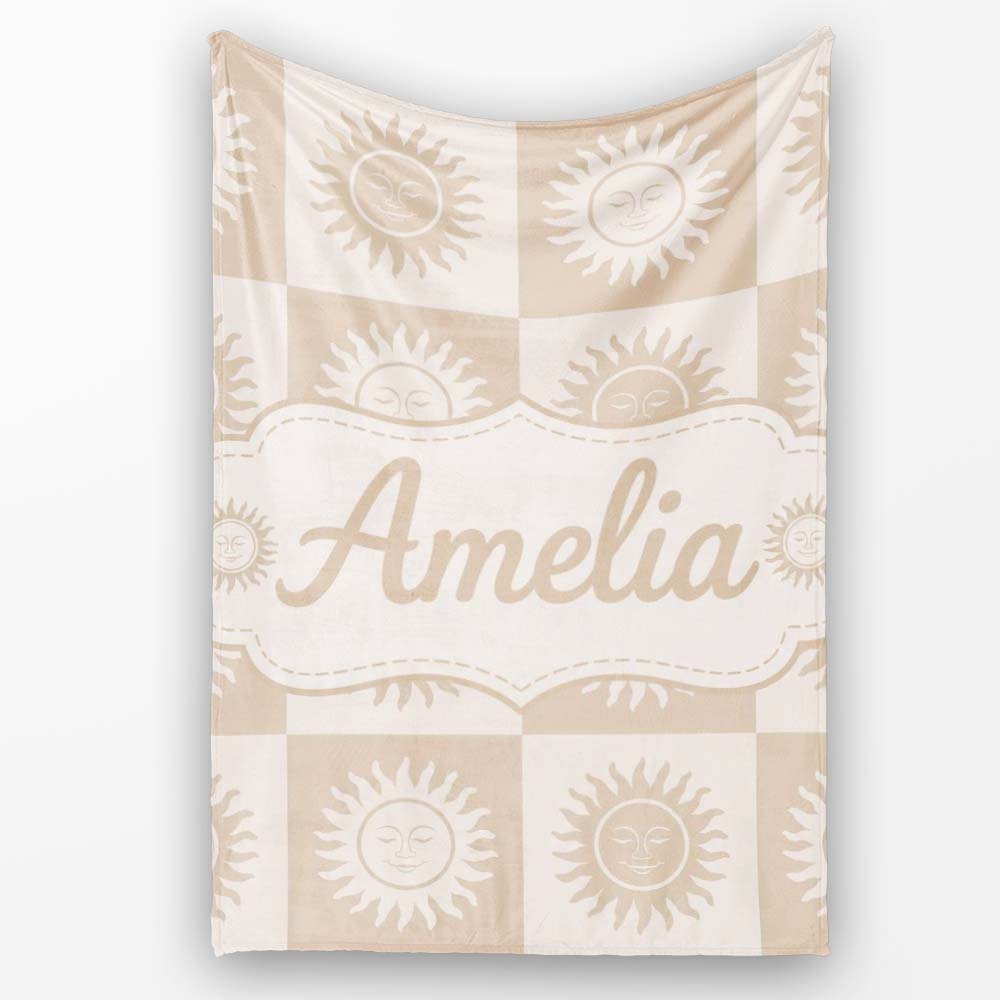 Sun Face Checkerboard Beige Cream Seamless Pattern Name Cute Unique Personalised Custom Name Super Soft Fleece Blanket Bed Sofa Throw
