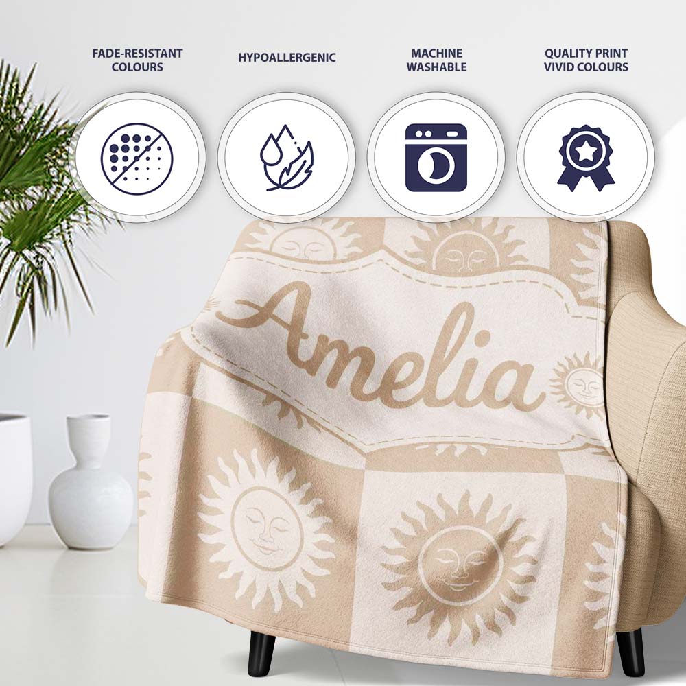 Sun Face Checkerboard Beige Cream Seamless Pattern Name Cute Unique Personalised Custom Name Super Soft Fleece Blanket Bed Sofa Throw