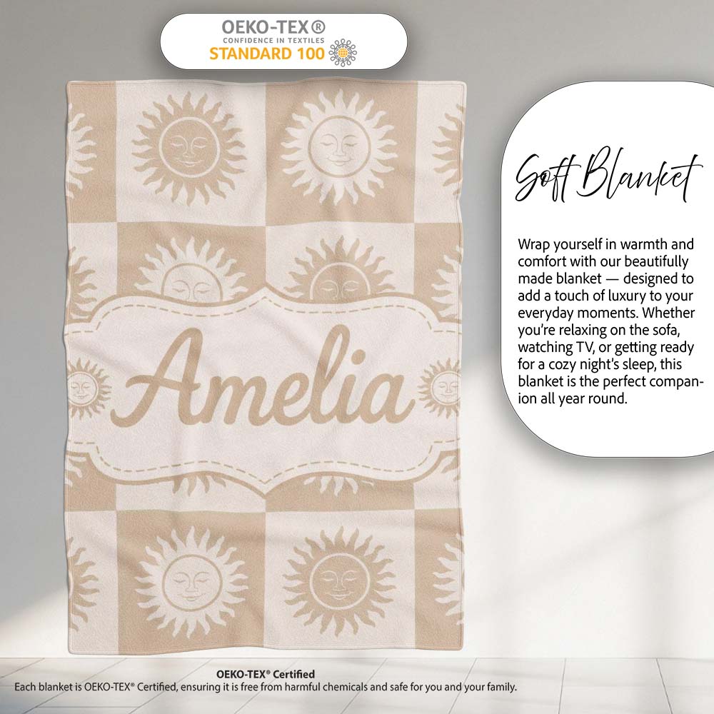 Sun Face Checkerboard Beige Cream Seamless Pattern Name Cute Unique Personalised Custom Name Super Soft Fleece Blanket Bed Sofa Throw