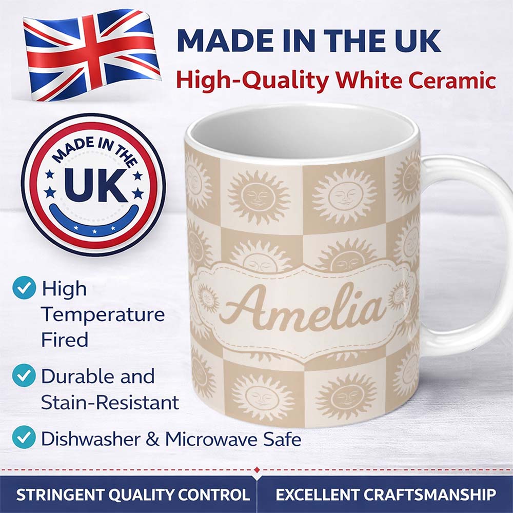 Personalized Custom Name Sun Face Checkerboard Beige Cream Seamless Pattern Name Cute Unique 11oz Ceramic Coffee Tea Mug White Large Handle