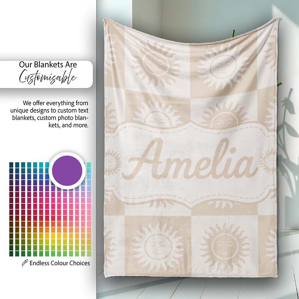 Sun Face Checkerboard Beige Cream Seamless Pattern Name Cute Unique Personalised Custom Name Super Soft Fleece Blanket Bed Sofa Throw