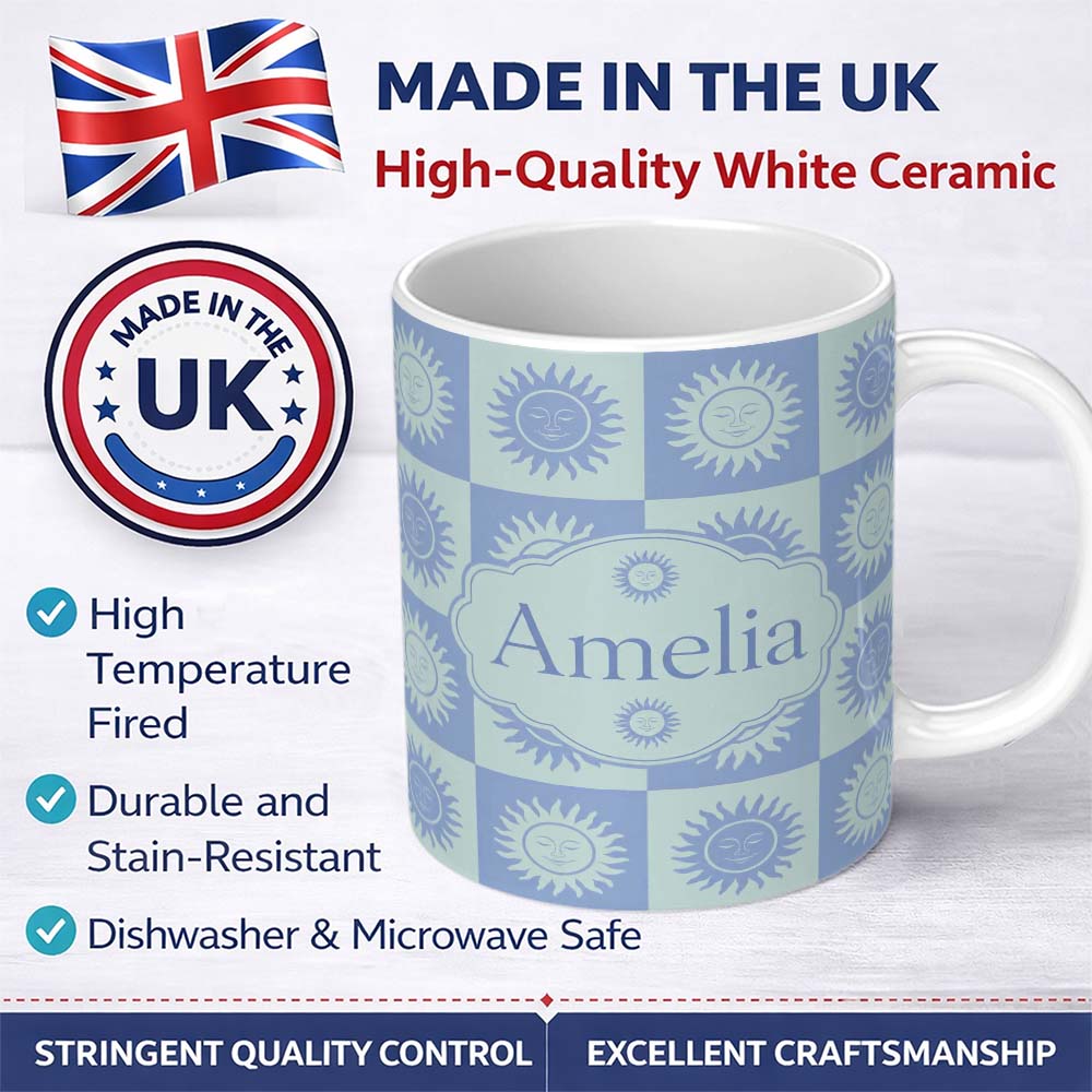 Personalized Custom Name Sun Face Checkerboard Soft Blue Seamless Pattern Name Cute Unique 11oz Ceramic Coffee Tea Mug White Large Handle