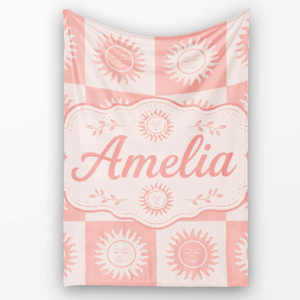 Sun Face Checkerboard Peach Cream Seamless Pattern Name Cute Unique Personalised Custom Name Super Soft Fleece Blanket Bed Sofa Throw