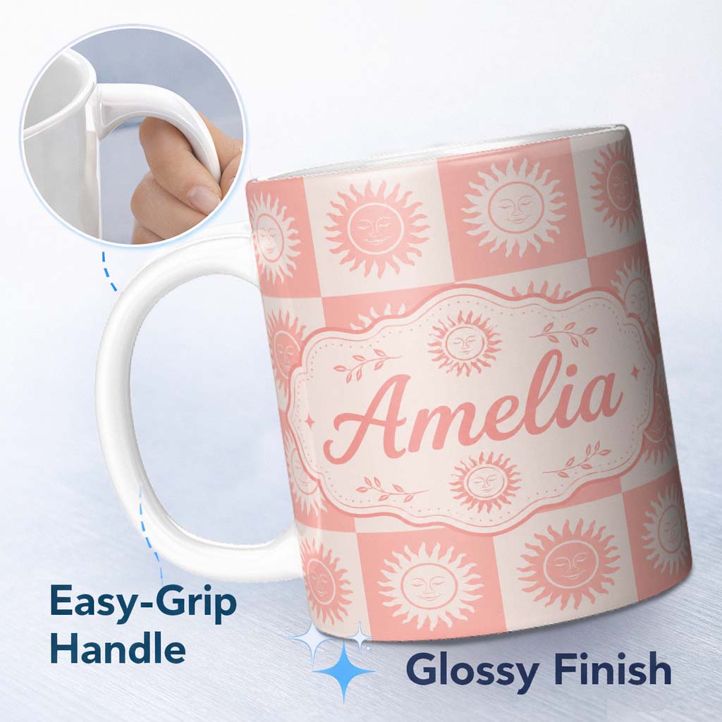 Personalized Custom Name Sun Face Checkerboard Peach Cream Seamless Pattern Name Cute Unique 11oz Ceramic Coffee Tea Mug White Large Handle