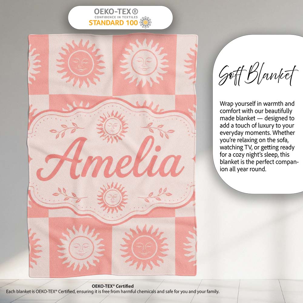 Sun Face Checkerboard Peach Cream Seamless Pattern Name Cute Unique Personalised Custom Name Super Soft Fleece Blanket Bed Sofa Throw
