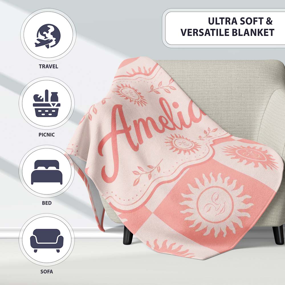 Sun Face Checkerboard Peach Cream Seamless Pattern Name Cute Unique Personalised Custom Name Super Soft Fleece Blanket Bed Sofa Throw