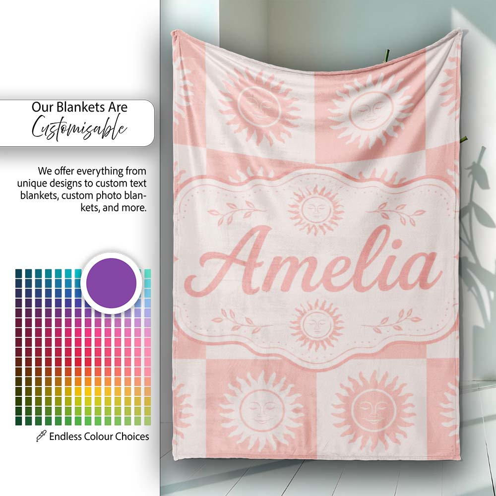 Sun Face Checkerboard Peach Cream Seamless Pattern Name Cute Unique Personalised Custom Name Super Soft Fleece Blanket Bed Sofa Throw