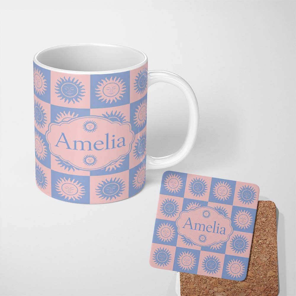 Personalized Custom Name Sun Face Checkerboard Blue Pink Seamless Pattern Name Cute Unique 11oz Ceramic Coffee Tea Mug White Large Handle