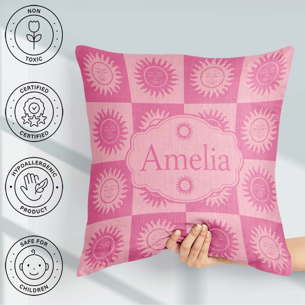 Custom Name Sun Face Pink Tone Seamless Pattern Name Cute Unique Square Filled Cushion Throw Pillow Sofa Bed Home Decor Zip Washable UK Made