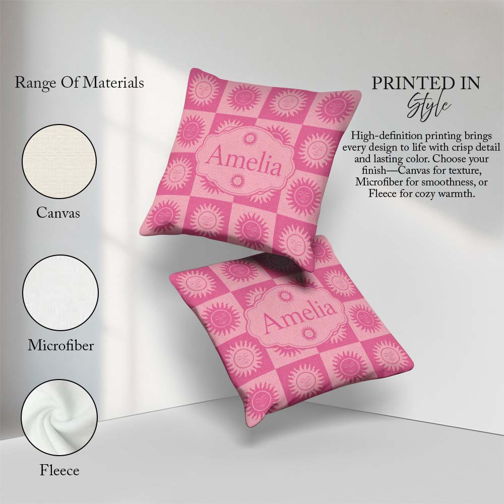 Custom Name Sun Face Pink Tone Seamless Pattern Name Cute Unique Square Filled Cushion Throw Pillow Sofa Bed Home Decor Zip Washable UK Made