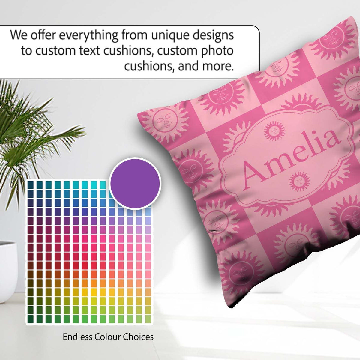 Custom Name Sun Face Pink Tone Seamless Pattern Name Cute Unique Square Filled Cushion Throw Pillow Sofa Bed Home Decor Zip Washable UK Made