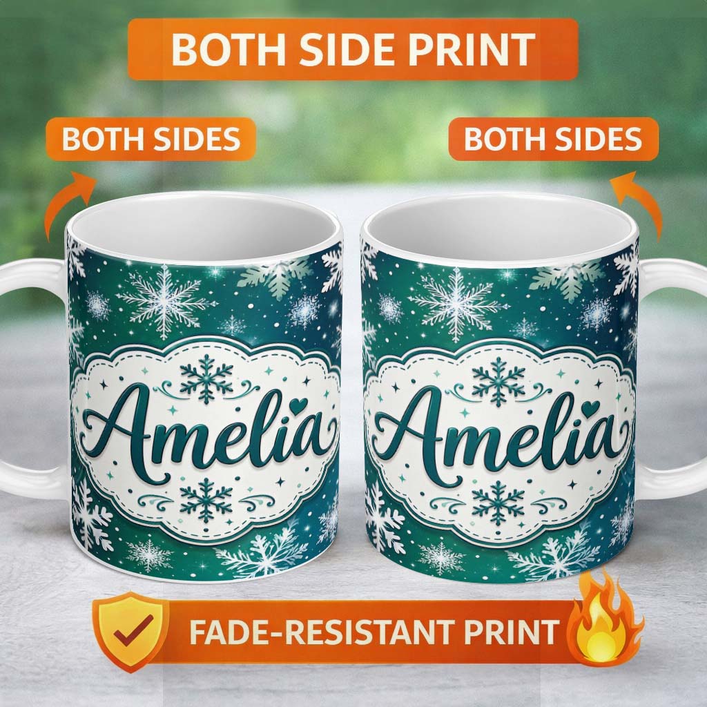Personalized Custom Name Elegant Blue Green Snowflake Winter Seamless Pattern Lovely 11oz Ceramic Coffee Tea Mug White Large Handle